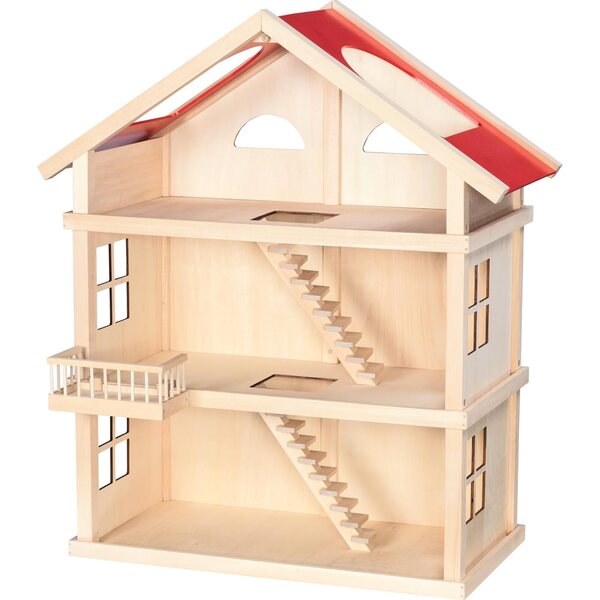 Goki 51957 3-stöckiges Puppenhaus aus Holz mit Balkon und rotem Dach, 87,5 cm