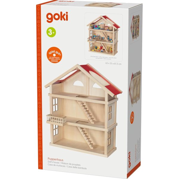 Goki 51957 3-stöckiges Puppenhaus aus Holz mit Balkon und rotem Dach, 87,5 cm