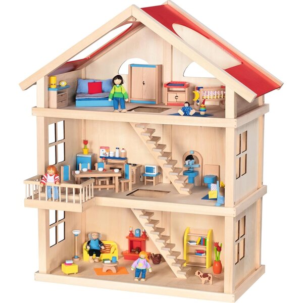 Goki 51957 3-stöckiges Puppenhaus aus Holz mit Balkon und rotem Dach, 87,5 cm
