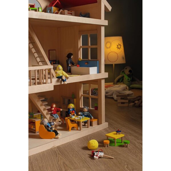 Goki 51957 3-stöckiges Puppenhaus aus Holz mit Balkon und rotem Dach, 87,5 cm