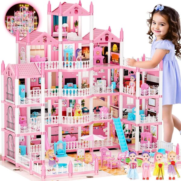 Casa delle bambole a 5 piani con 19 stanze, luci LED, 4 bambole e accessori per bambini
