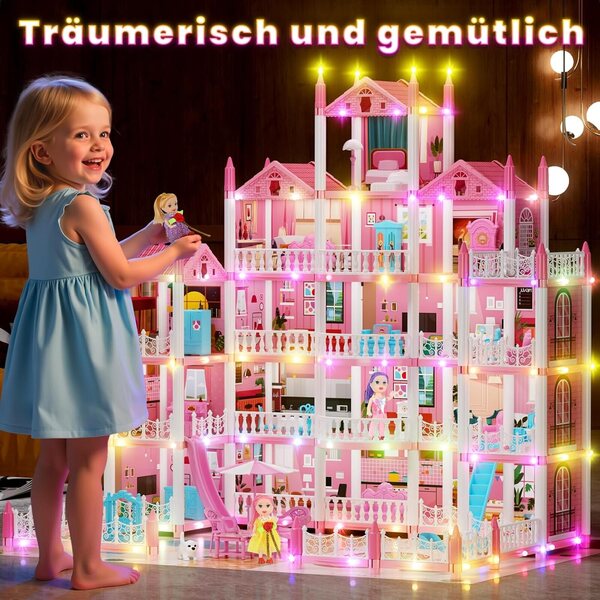 Casa delle bambole a 5 piani con 19 stanze, luci LED, 4 bambole e accessori per bambini