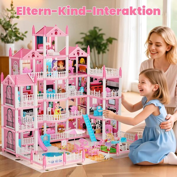 Casa delle bambole a 5 piani con 19 stanze, luci LED, 4 bambole e accessori per bambini