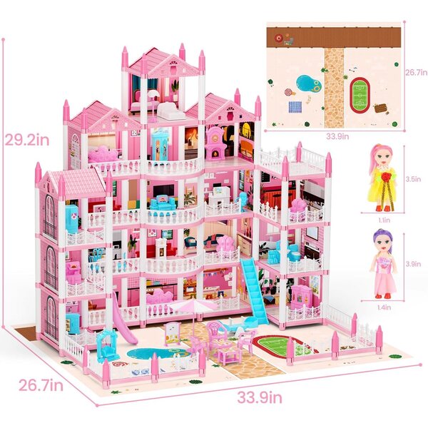 Casa delle bambole a 5 piani con 19 stanze, luci LED, 4 bambole e accessori per bambini