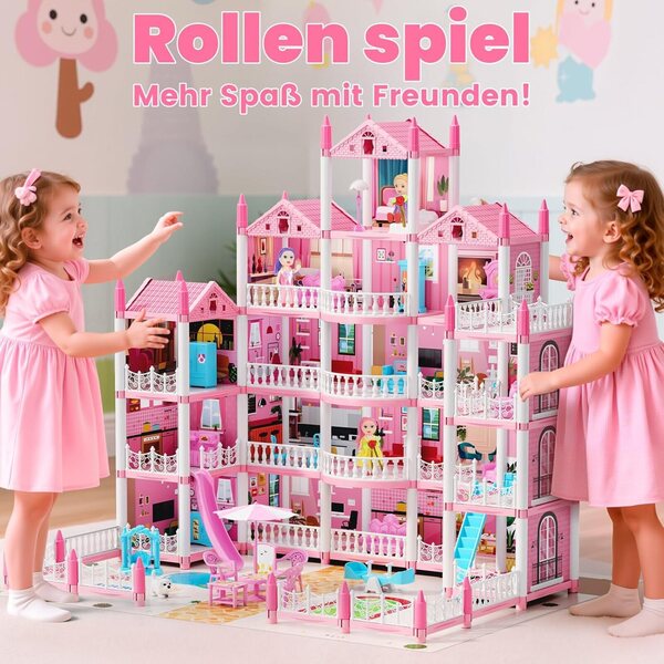 Casa delle bambole a 5 piani con 19 stanze, luci LED, 4 bambole e accessori per bambini