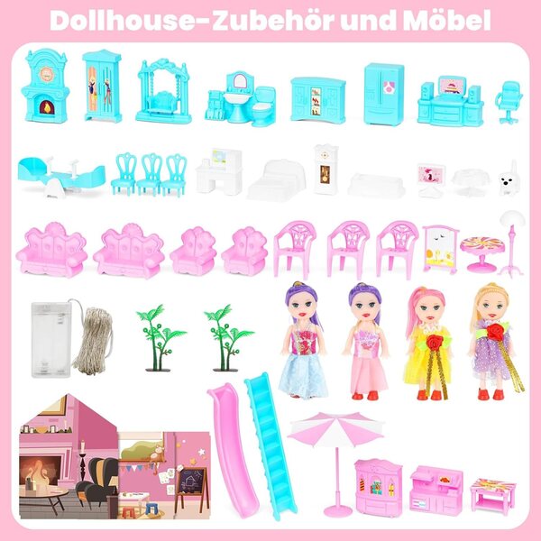 Casa delle bambole a 5 piani con 19 stanze, luci LED, 4 bambole e accessori per bambini