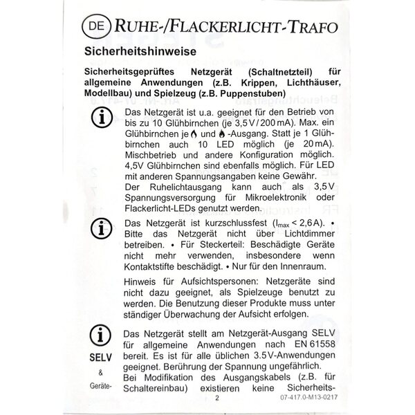 Fester und flackernder Lichttransformator Kahlert Licht 3,5V 7W für Krippen und Puppenhäuser