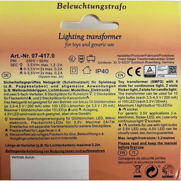 Fester und flackernder Lichttransformator Kahlert Licht 3,5V 7W für Krippen und Puppenhäuser