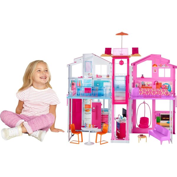 Barbie Traumvilla con 3 piani, 5 stanze e accessori, casa gioco pieghevole per bambini