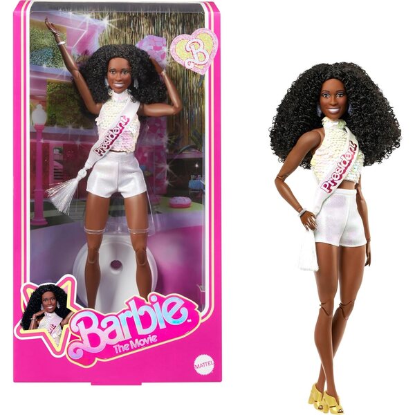 Barbie-Präsidentin Issa Rae mit weißem Glitzer-Outfit und Shorts – Sammlerpuppe