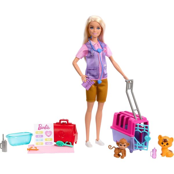 Barbie Tierrettungsspielset mit Puppe, Tiger und Affe, Zubehör und Trage