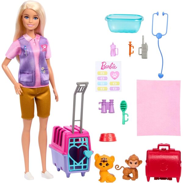 Barbie Tierrettungsspielset mit Puppe, Tiger und Affe, Zubehör und Trage