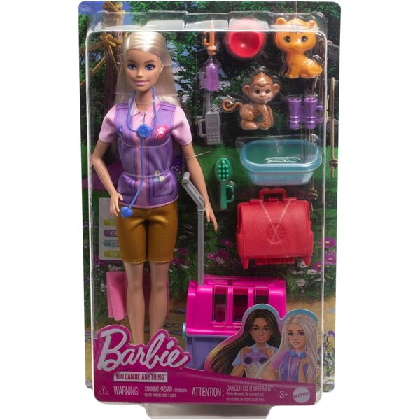 Barbie Tierrettungsspielset mit Puppe, Tiger und Affe, Zubehör und Trage