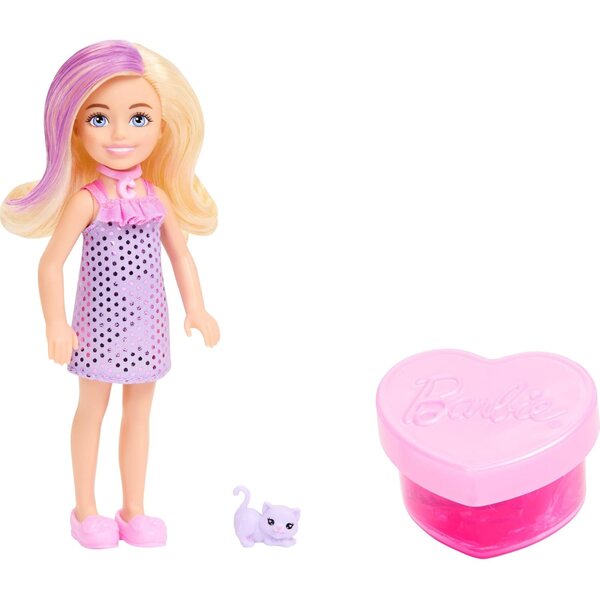Barbie Party Unboxed Chelsea mit 6 Überraschungen, Tier- und Haarfarbenwechsel
