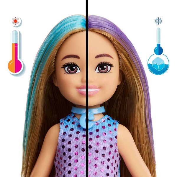 Barbie Party Unboxed Chelsea mit 6 Überraschungen, Tier- und Haarfarbenwechsel