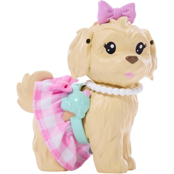 Barbie Twinning Looks mit Hund in abgestimmten rosa karierten Outfits und Modeaccessoires