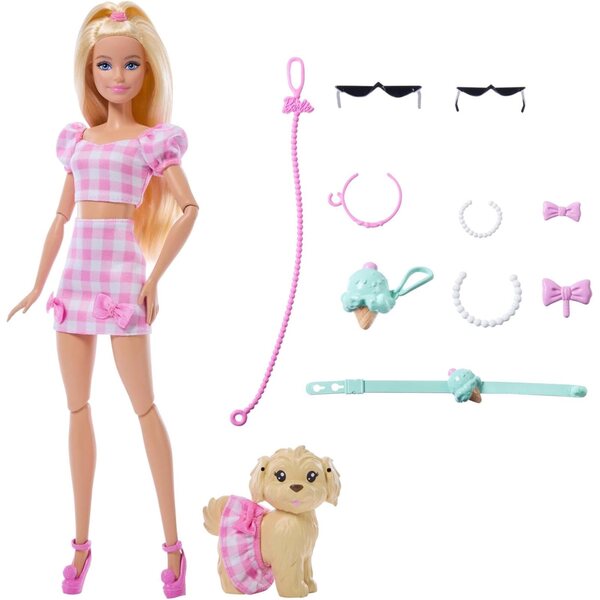 Barbie Twinning Looks mit Hund in abgestimmten rosa karierten Outfits und Modeaccessoires