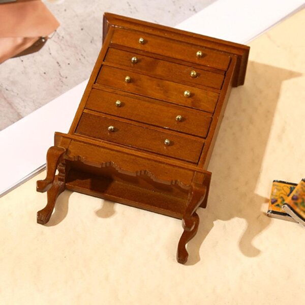 Mini cassettiera a 5 cassetti in legno per casa delle bambole scala 1:12, marrone