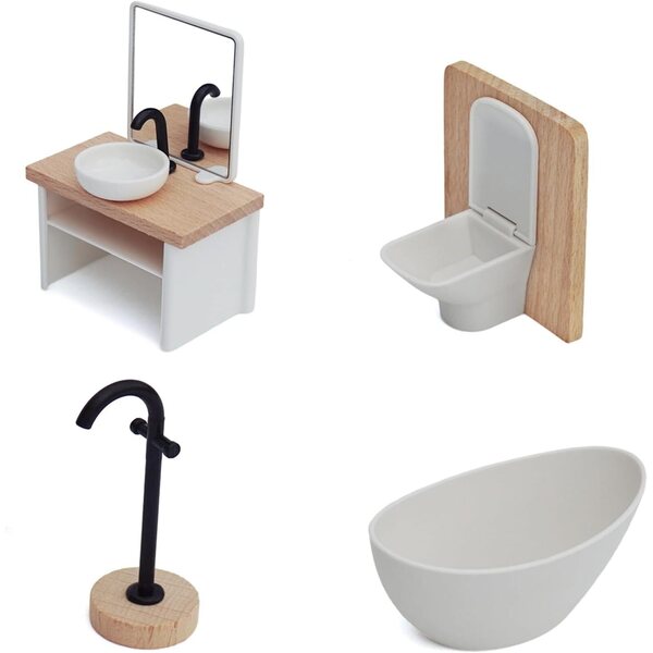 Set bagno per bambole 1:12 con vasca, lavabo, wc e rubinetto in legno e plastica
