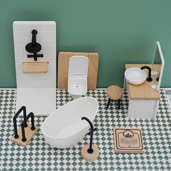 Badezimmerset für 1:12 Puppen mit Badewanne, Waschbecken, Toilette und Wasserhahn aus Holz und Kunststoff