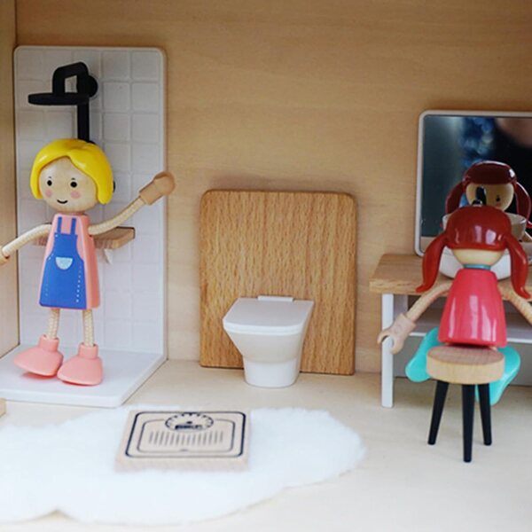 Badezimmerset für 1:12 Puppen mit Badewanne, Waschbecken, Toilette und Wasserhahn aus Holz und Kunststoff