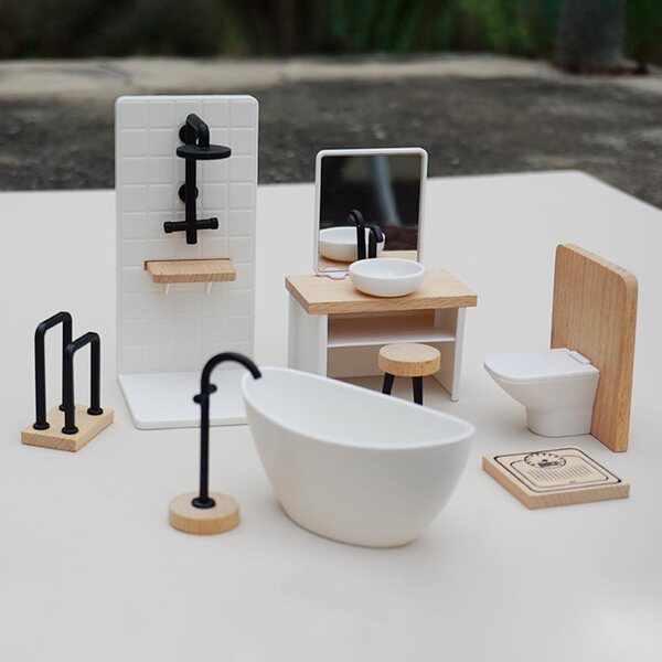 Badezimmerset für 1:12 Puppen mit Badewanne, Waschbecken, Toilette und Wasserhahn aus Holz und Kunststoff