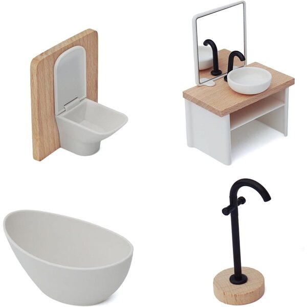 Badezimmerset für 1:12 Puppen mit Badewanne, Waschbecken, Toilette und Wasserhahn aus Holz und Kunststoff
