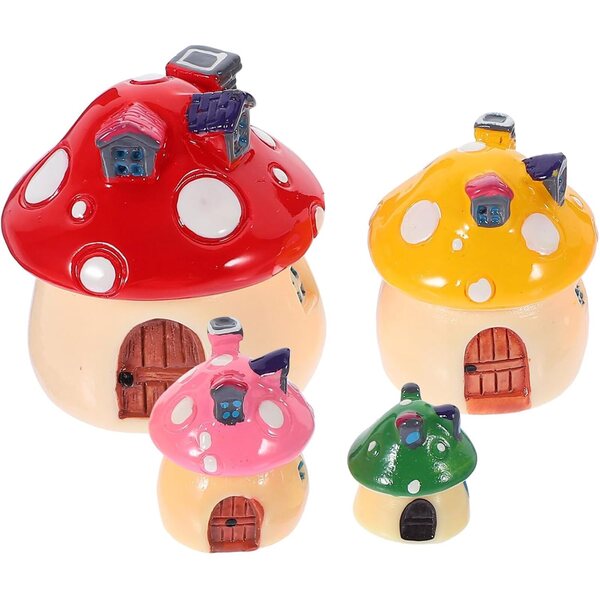 Set mit 4 Mini-Pilzhausfiguren aus Kunstharz – Garten-, Puppenhaus- und Miniaturdekoration