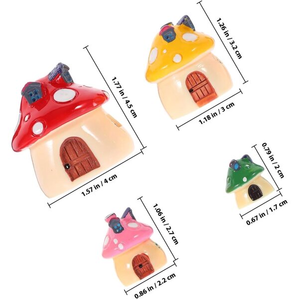 Set di 4 mini figure di casette a forma di fungo in resina - decorazione per giardino, casa delle bambole e miniatura