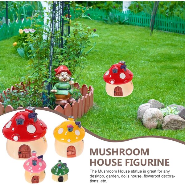 Set di 4 mini figure di casette a forma di fungo in resina - decorazione per giardino, casa delle bambole e miniatura