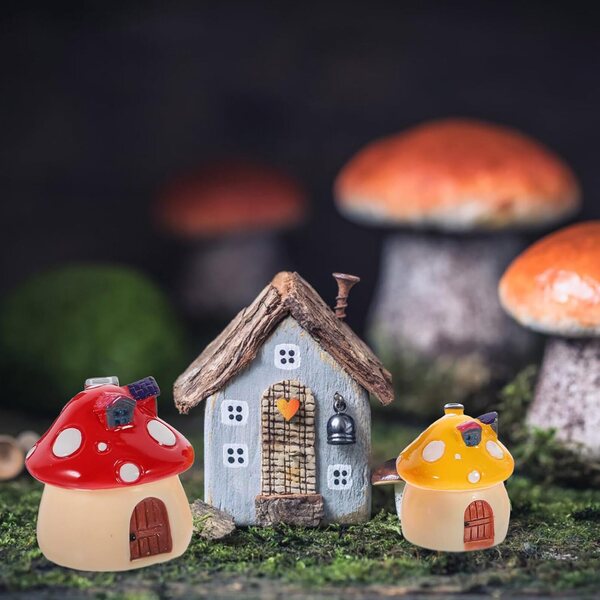 Set di 4 mini figure di casette a forma di fungo in resina - decorazione per giardino, casa delle bambole e miniatura