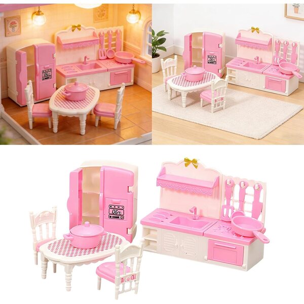 Set Cucina Miniatura per Casa delle Bambole con Frigorifero, Tavolo, Sedie e Fornello