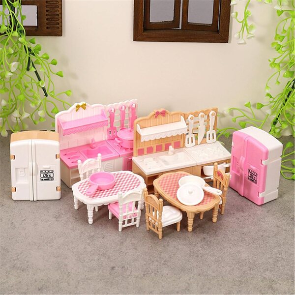 Set Cucina Miniatura per Casa delle Bambole con Frigorifero, Tavolo, Sedie e Fornello