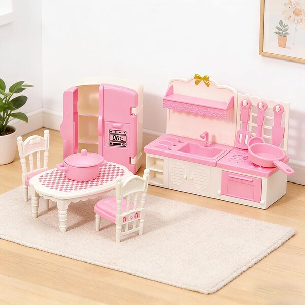 Set Cucina Miniatura per Casa delle Bambole con Frigorifero, Tavolo, Sedie e Fornello