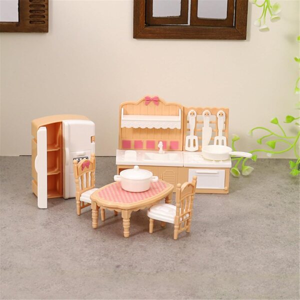 Set Cucina Miniatura per Casa delle Bambole con Frigorifero, Tavolo, Sedie e Fornello