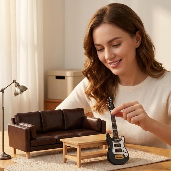 Miniatura E-Guitar in legno nero - dettagliata scala 1:12 per case delle bambole