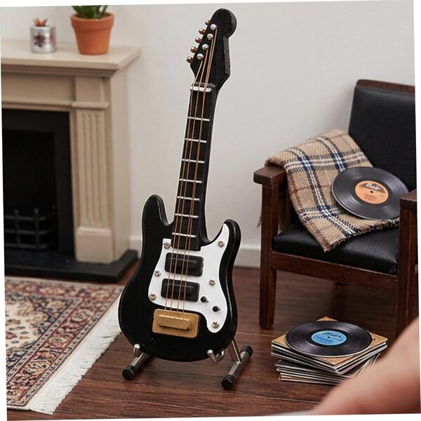 Miniatura E-Guitar in legno nero - dettagliata scala 1:12 per case delle bambole