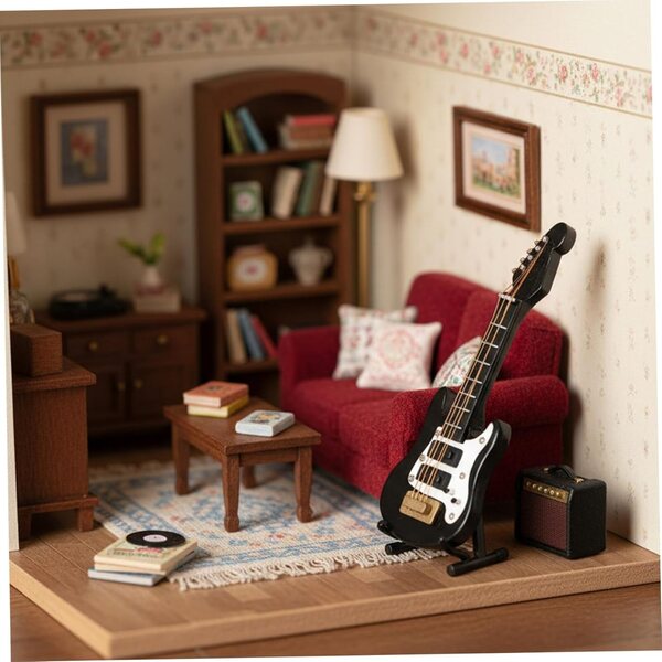 Miniatura E-Guitar in legno nero - dettagliata scala 1:12 per case delle bambole