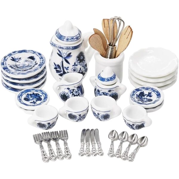 1:12 Mini-Teeservice aus blau-weißer Keramik für Puppenhäuser und Dekorationen