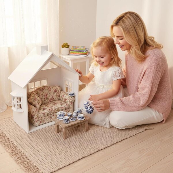 1:12 Mini-Teeservice aus blau-weißer Keramik für Puppenhäuser und Dekorationen