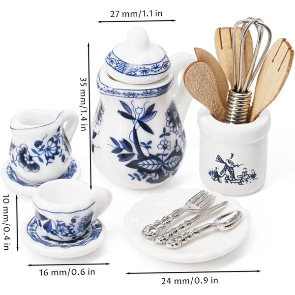 1:12 Mini-Teeservice aus blau-weißer Keramik für Puppenhäuser und Dekorationen