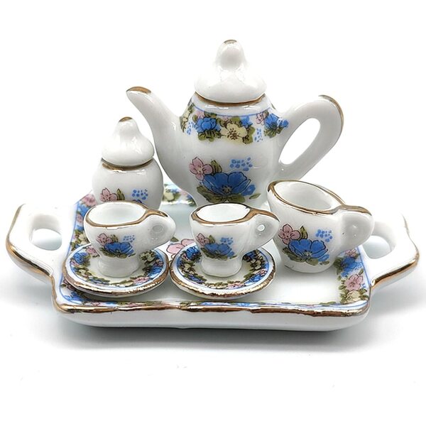 Teeservice Miniatur-Set 8-teilig aus Keramik mit Goldrand – Puppenhaus-Zubehör 1:12