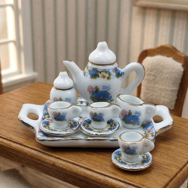 Teeservice Miniatur-Set 8-teilig aus Keramik mit Goldrand – Puppenhaus-Zubehör 1:12