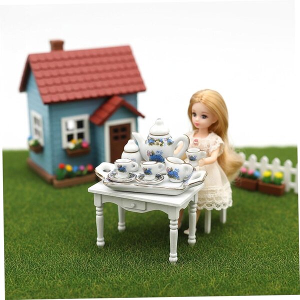 Teeservice Miniatur-Set 8-teilig aus Keramik mit Goldrand – Puppenhaus-Zubehör 1:12