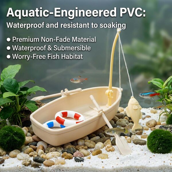 Spielzeug-Fischerboot aus beigem PVC, ideal für Aquarien und Miniaturdekorationen