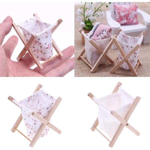 Miniatura Cesto Portabiancheria in Legno per Case delle Bambole 1:12, Giocattolo Decorativo