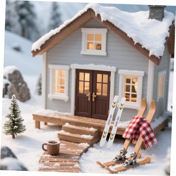 Miniatur-Holzski mit Metallstäben, Set mit 5 Weihnachtsdekorationen für das Puppenhaus
