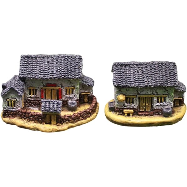 Ornamente für Landhaus aus Kunstharz mit Strohdach, Set mit 2 rustikalen Mini-Dekorationen, 6 x 4,7 x 3,5 cm