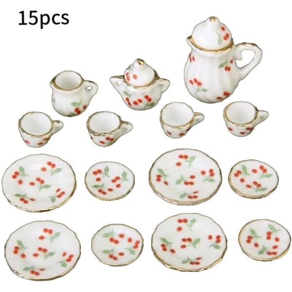 Porzellan-Miniatur-Teeservice-Set 15-teilig für Puppenhaus 1:12