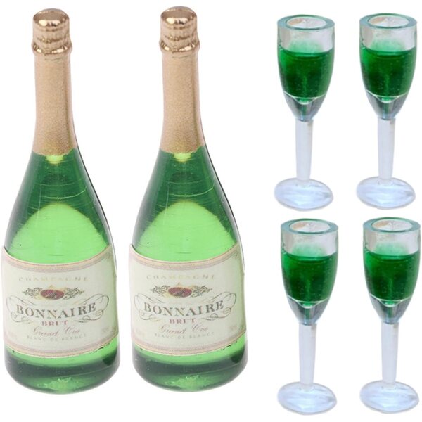 PVC-Mini-Wein- und Gläser-Set für Puppenhaus 1:12 – 6 grüne Teile
